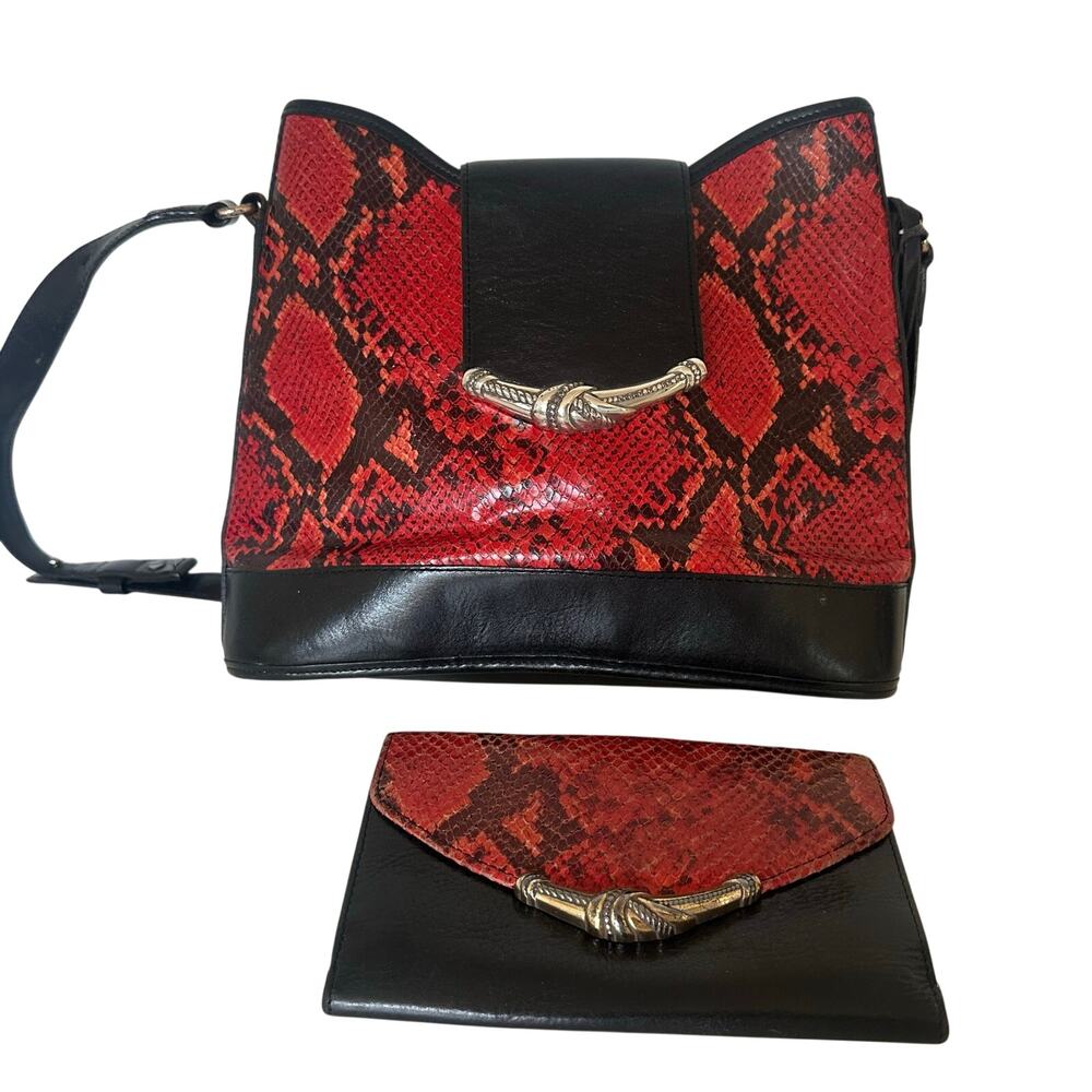Brighton Vintage Red Snakeskin Python Embossed Leather Bag + Matching Wallet Y2K